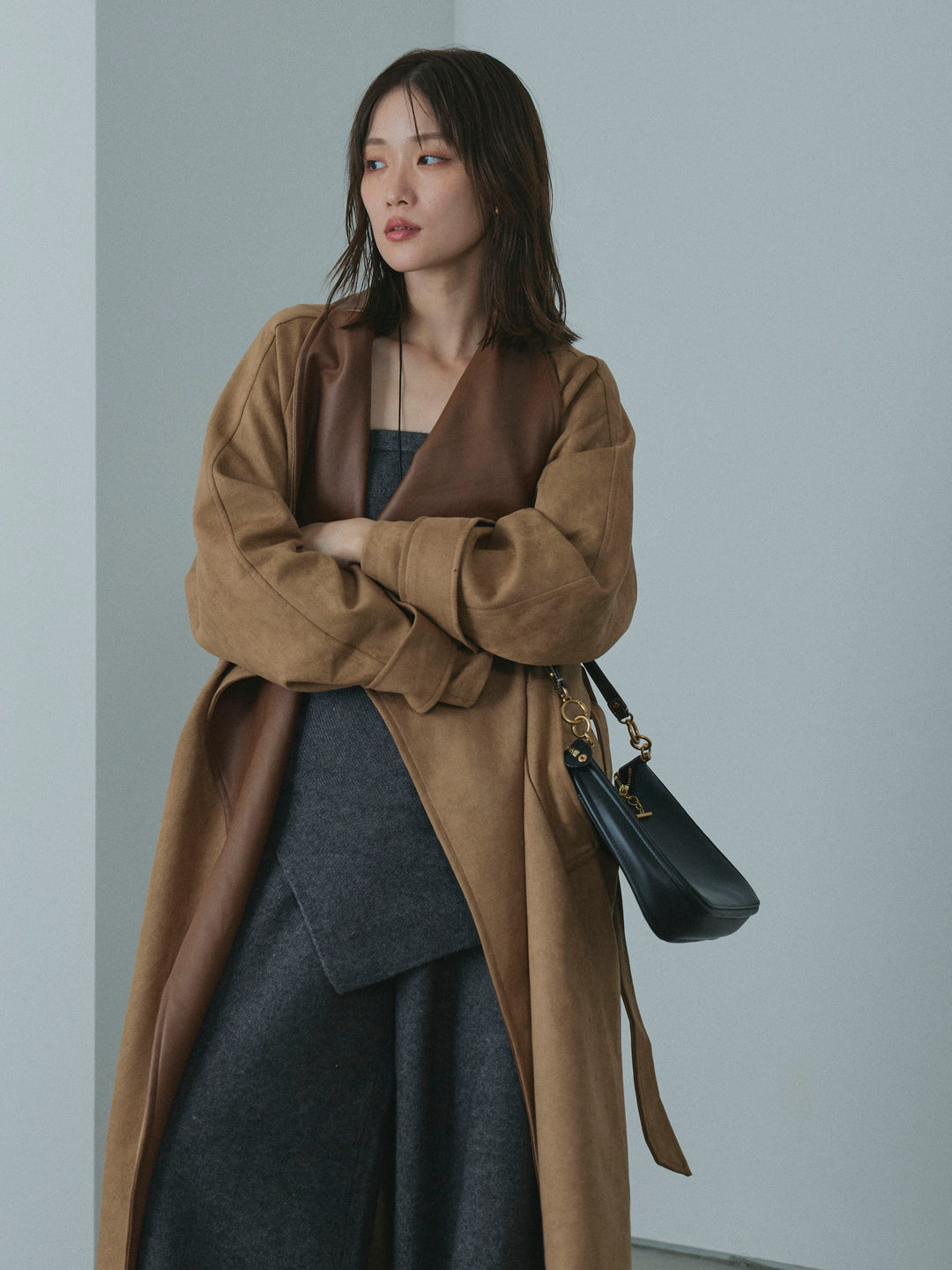 【Allure】[SET]ニットベアトップ＆ワイドパンツSET UP+レザーカラースウェードロングコート(2set)