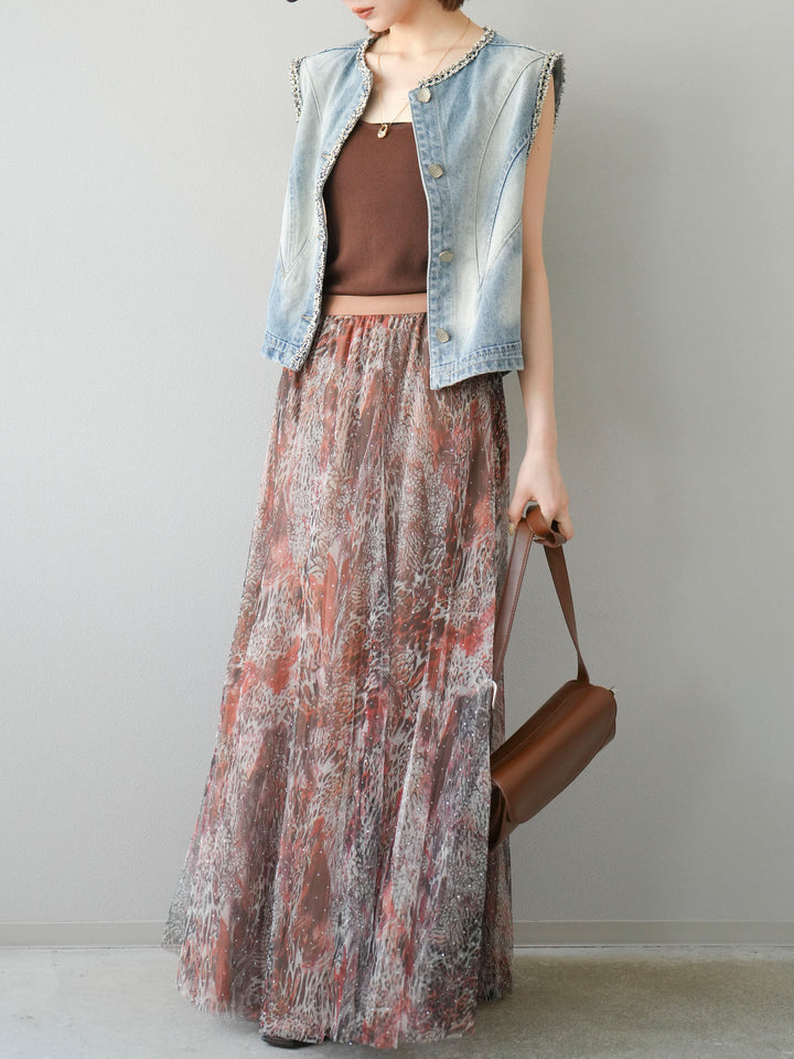 [予約]ニュアンス柄チュールレイヤードプリーツスカート/ブラウン