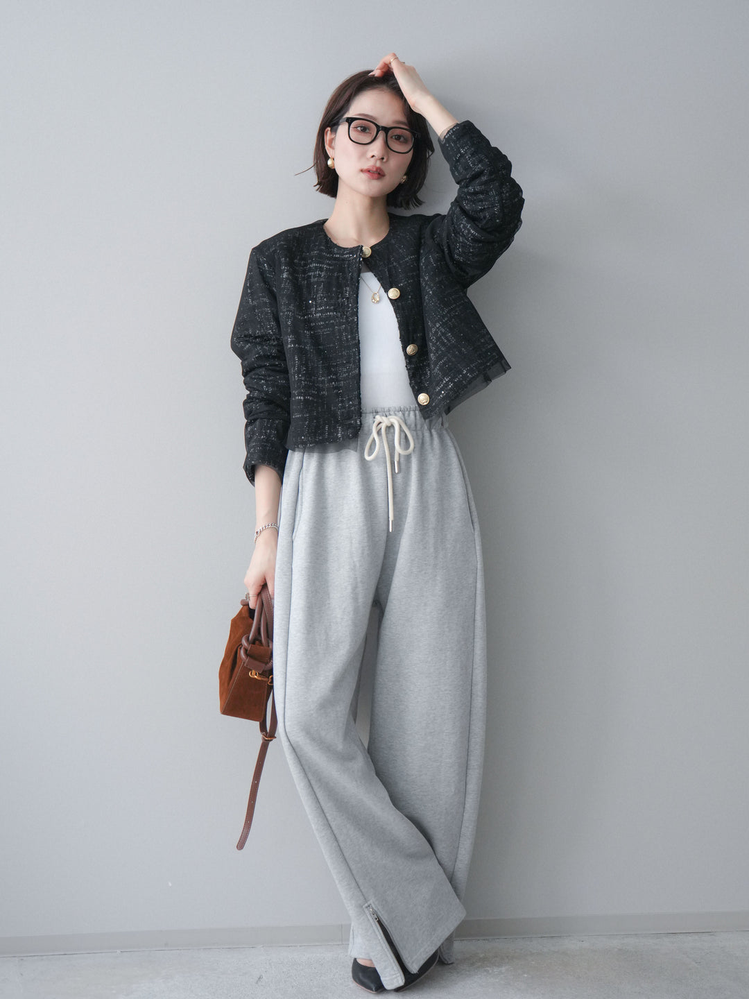 [SET]チュールレイヤードツイードクロップドジャケット+裾ZIPスエットワイドパンツ(2set)