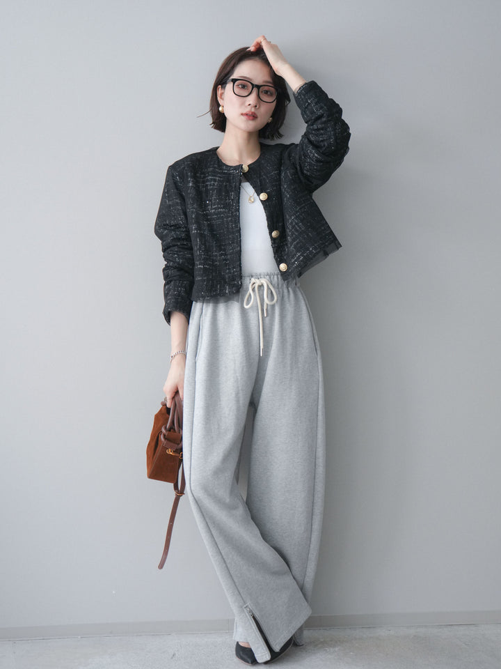 [SET]チュールレイヤードツイードクロップドジャケット+裾ZIPスエットワイドパンツ(2set)