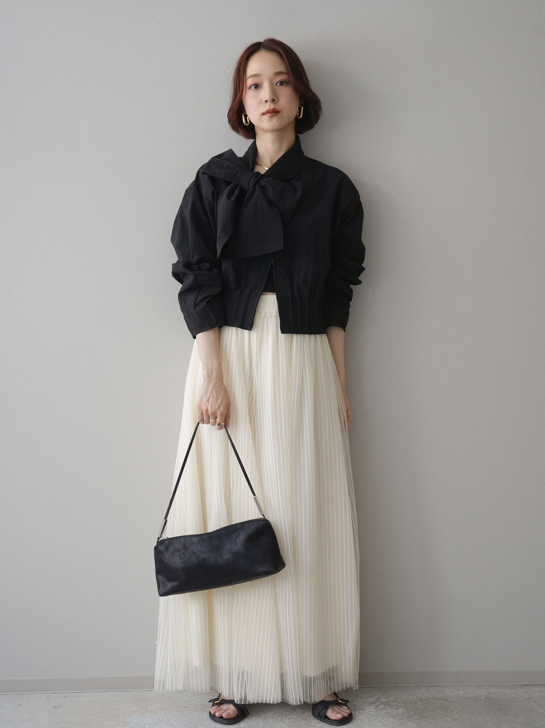 [SET]ボウタイ裾プリーツライトジャケット+ストライプチュールボリュームバギーパンツ(2set)