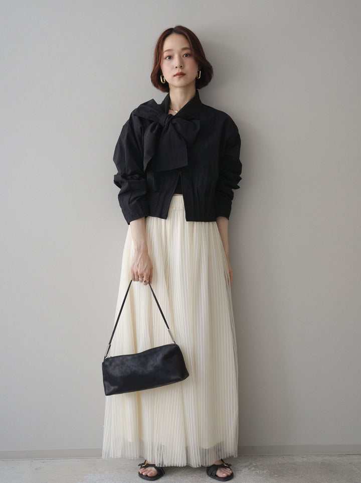 [SET]ボウタイ裾プリーツライトジャケット+ストライプチュールボリュームバギーパンツ(2set)