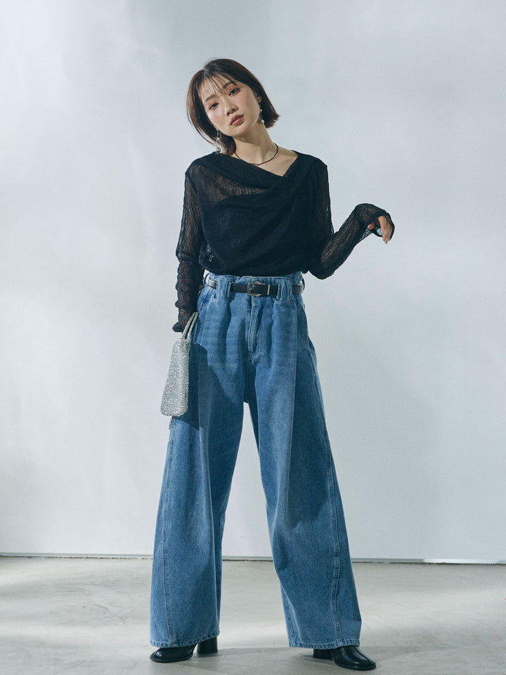 【Allure】[SET]ストレッチレースドレープトップス+ハイウエストベルトループデザインデニムパンツ(2set)