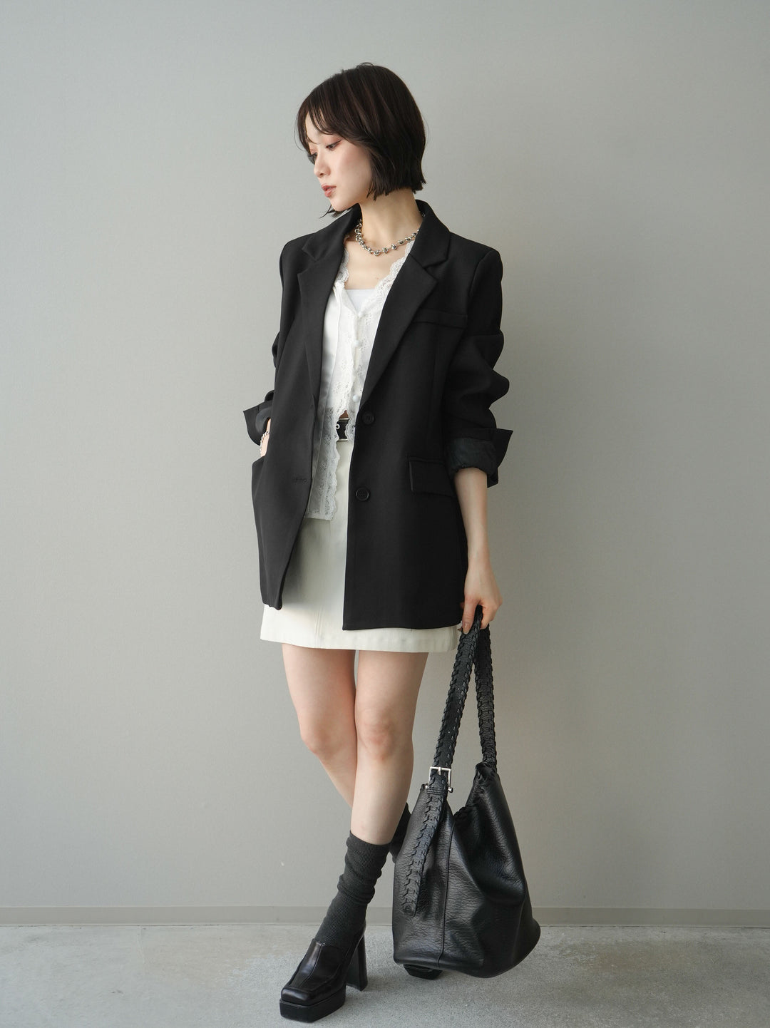 [SET]バックスリットデザインジャケット+ノースリサテンレースキャミソール+ベルト付カーゴミニスカート(3set)