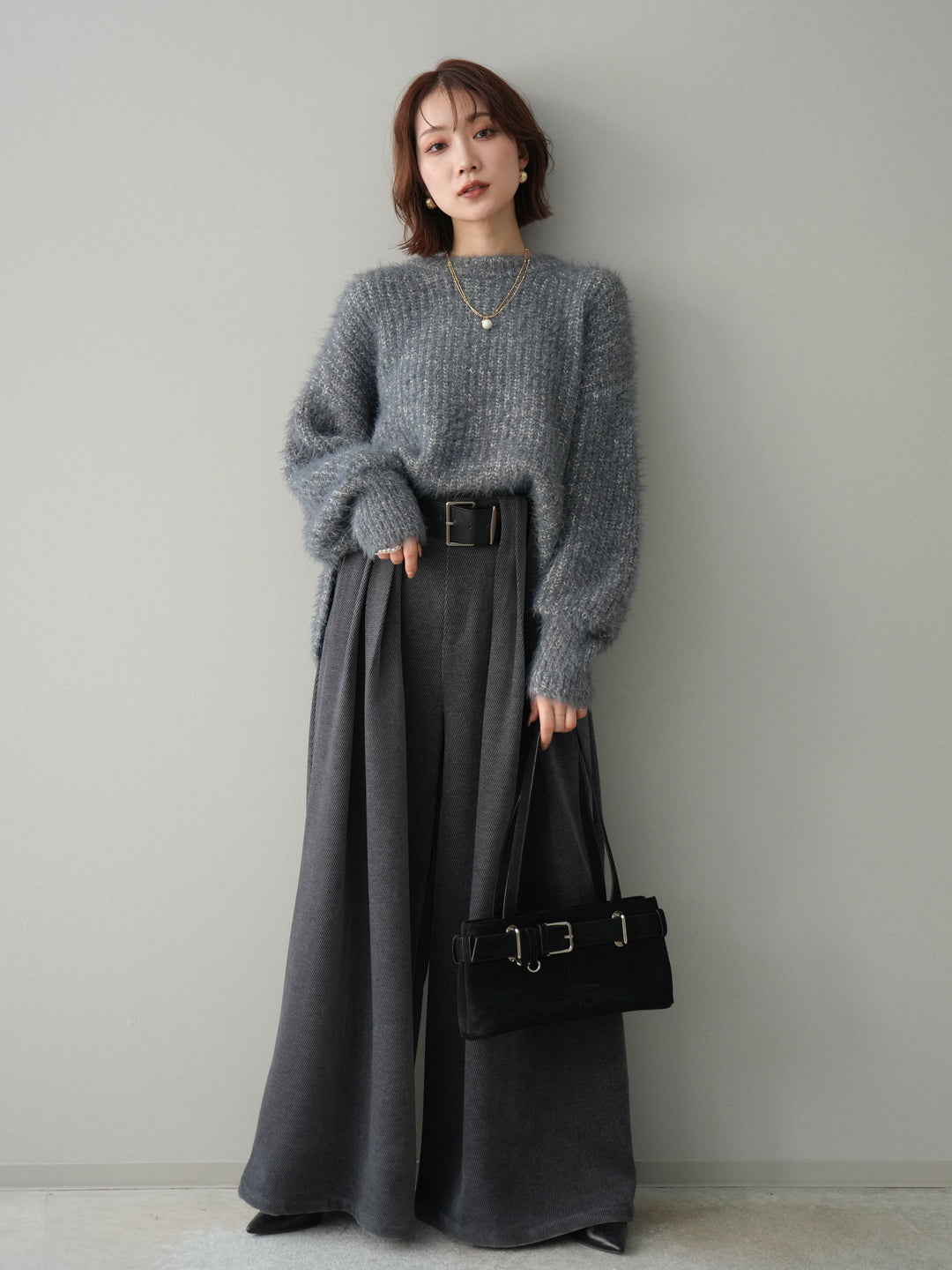 [SET]ボリュームスリーブシャギー MIXニットプルオーバー+ベルトデザインループコールテンワイドパンツ(ベルト付き)(2set)