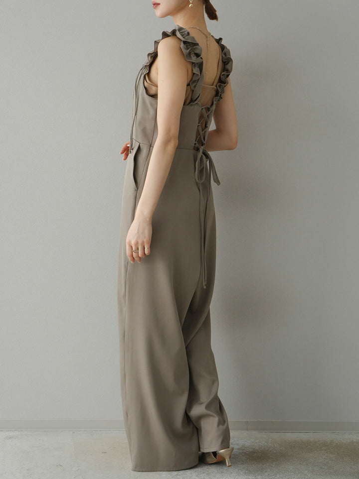 [預訂] 繫帶荷葉邊連身衣/灰褐色