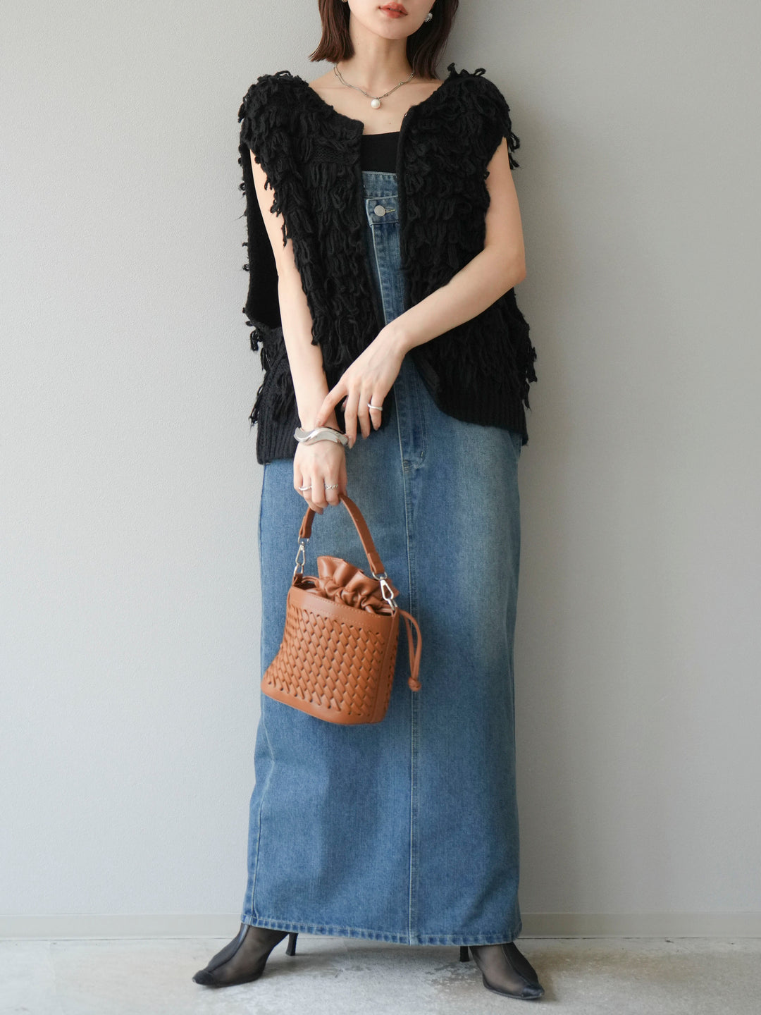 [SET]ループデザインベスト+アシンメトリーデニムワンピース(2set)