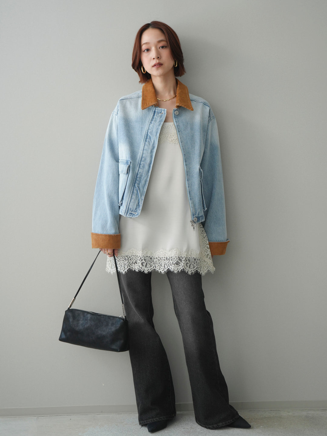 [予約]コーデュロイ×デニムショートカバーオール/bleach