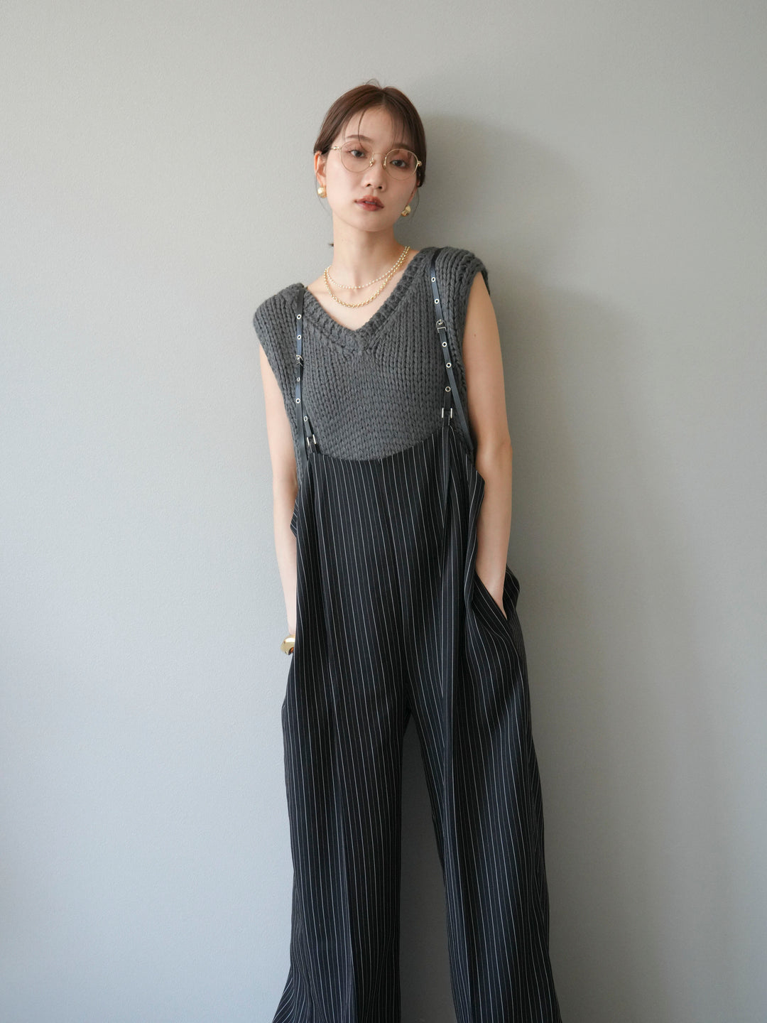 [予約]ヘリンボーンストライプサロペット/ブラック