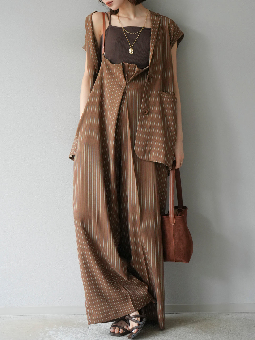 [SET]ヘリンボーンストライプジレ+ヘリンボーンストライプサロペット(2set)