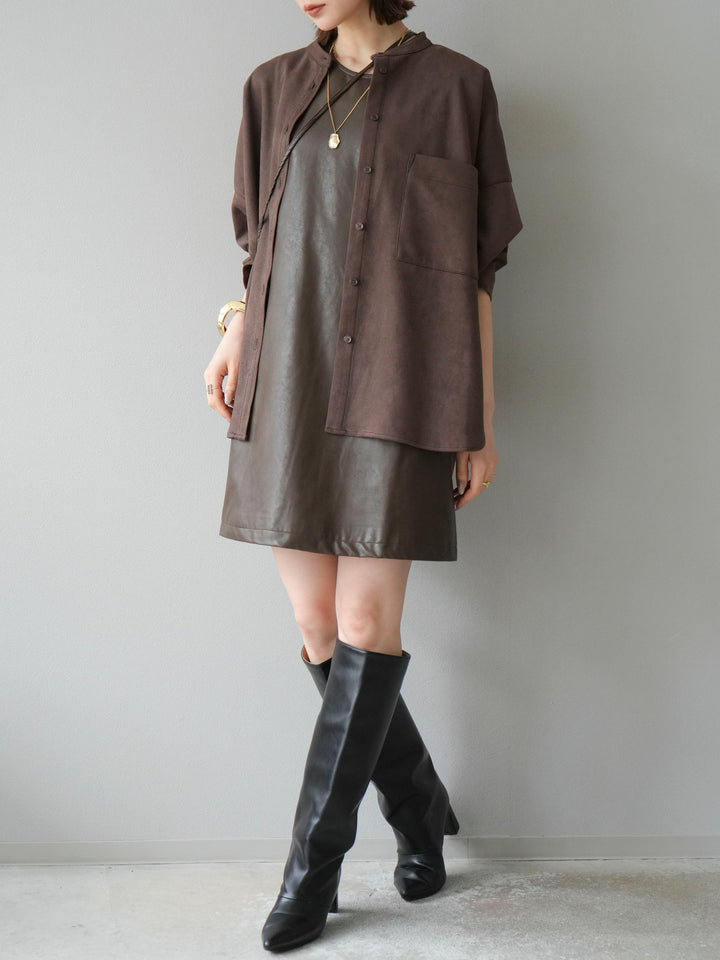 [SET] 麂皮立領外套襯衫 + 附單肩包皮革迷你連身裙（2 套）