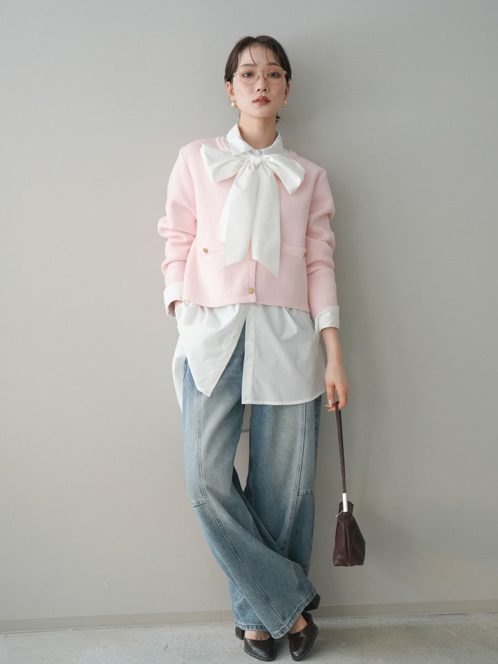 [予約]ゴールドボタンノーカラーニットジャケット/pink