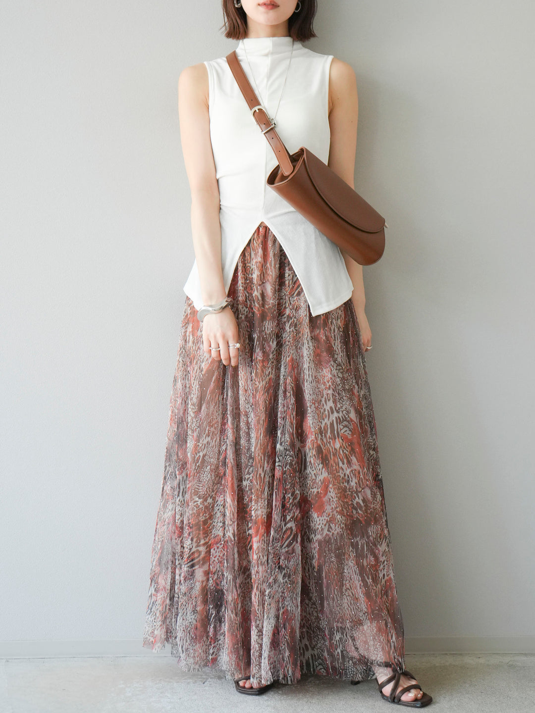 [予約]ニュアンス柄チュールレイヤードプリーツスカート/ブラウン