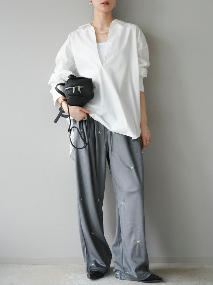 [予約]フラワー刺繍イージーパンツ/グレー