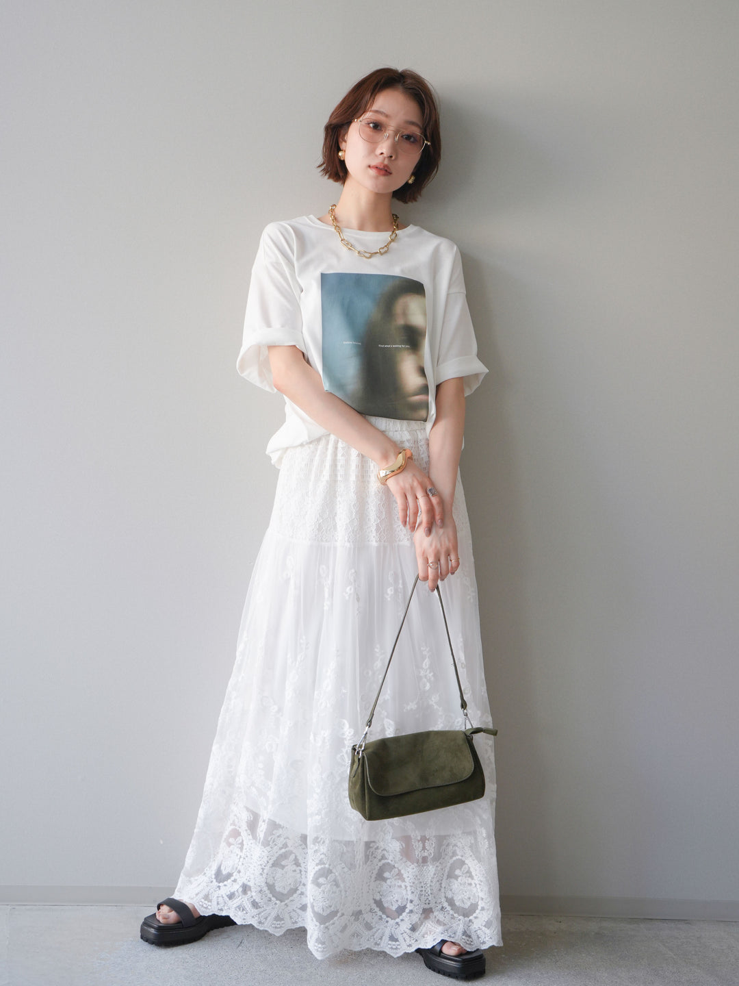 [SET]ブラーアートフォトTシャツ+シアーレースマキシスカート(2set)