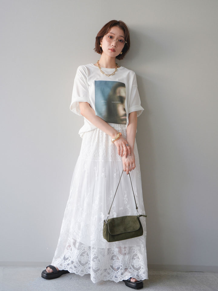 [SET]ブラーアートフォトTシャツ+シアーレースマキシスカート(2set)