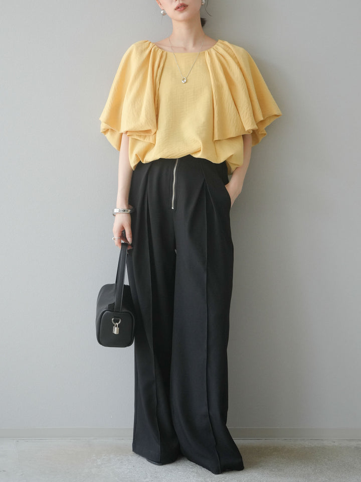 [SET] 燈籠袖褶襉設計上衣 + 拉鍊褶襉寬褲 (2 套)