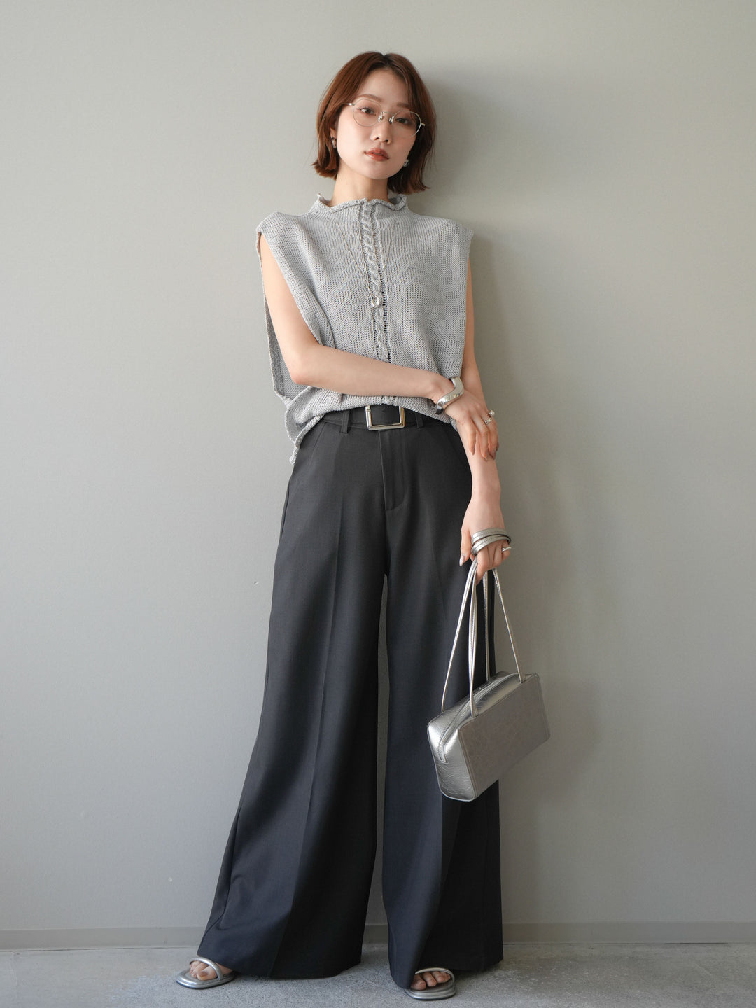 【套裝】開襟針織上衣+銀色搭扣垂褶闊腿褲（兩件套）