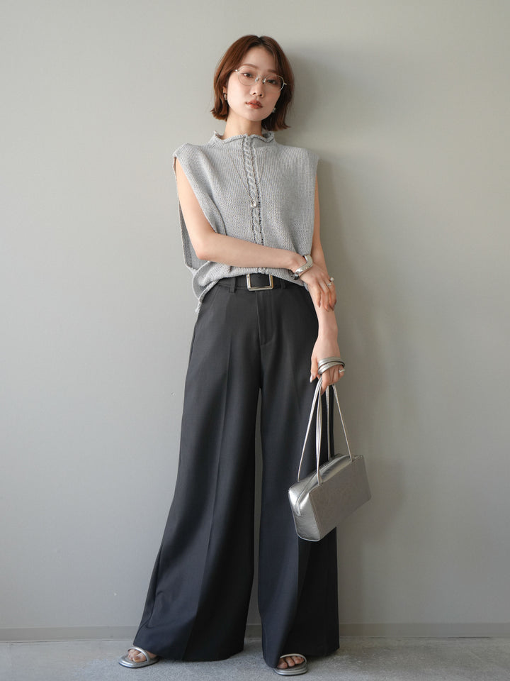【套裝】開襟針織上衣+銀色搭扣垂褶闊腿褲（兩件套）