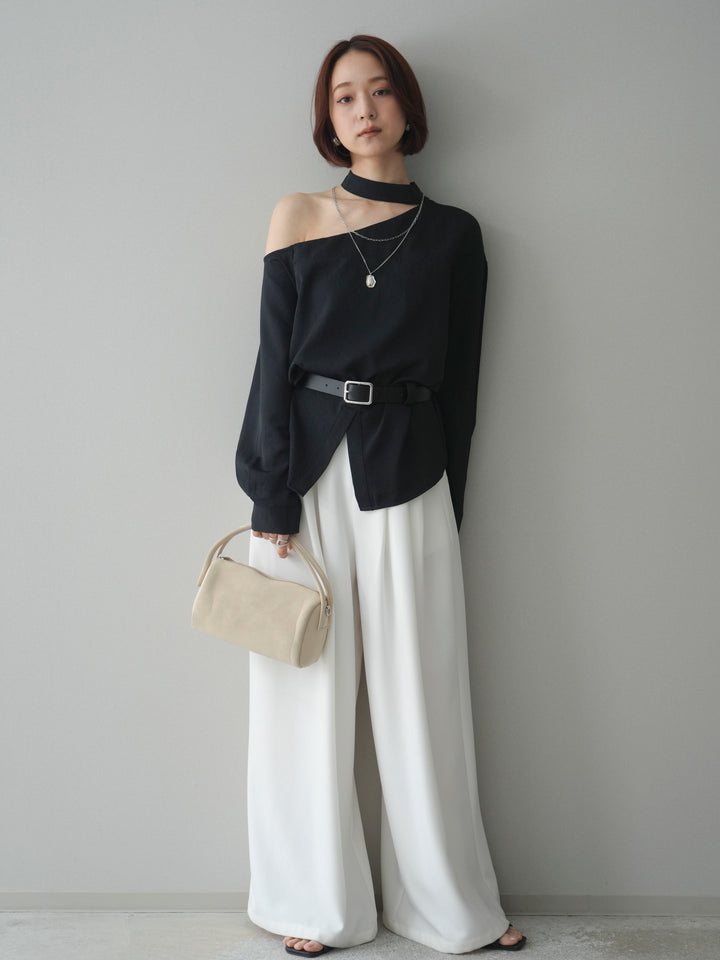 [SET]ベルト付ワンショルダースリットブラウス+編み込みベルト付タックワイドパンツ(2set)