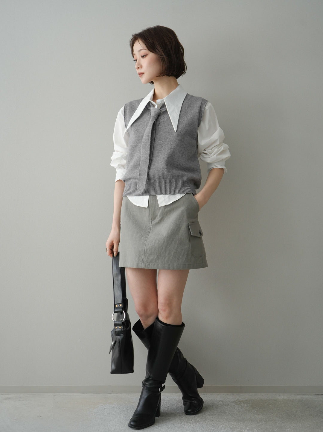 【套裝】蝴蝶結針織背心套裝襯衫+繫帶工裝迷你裙（兩件組）