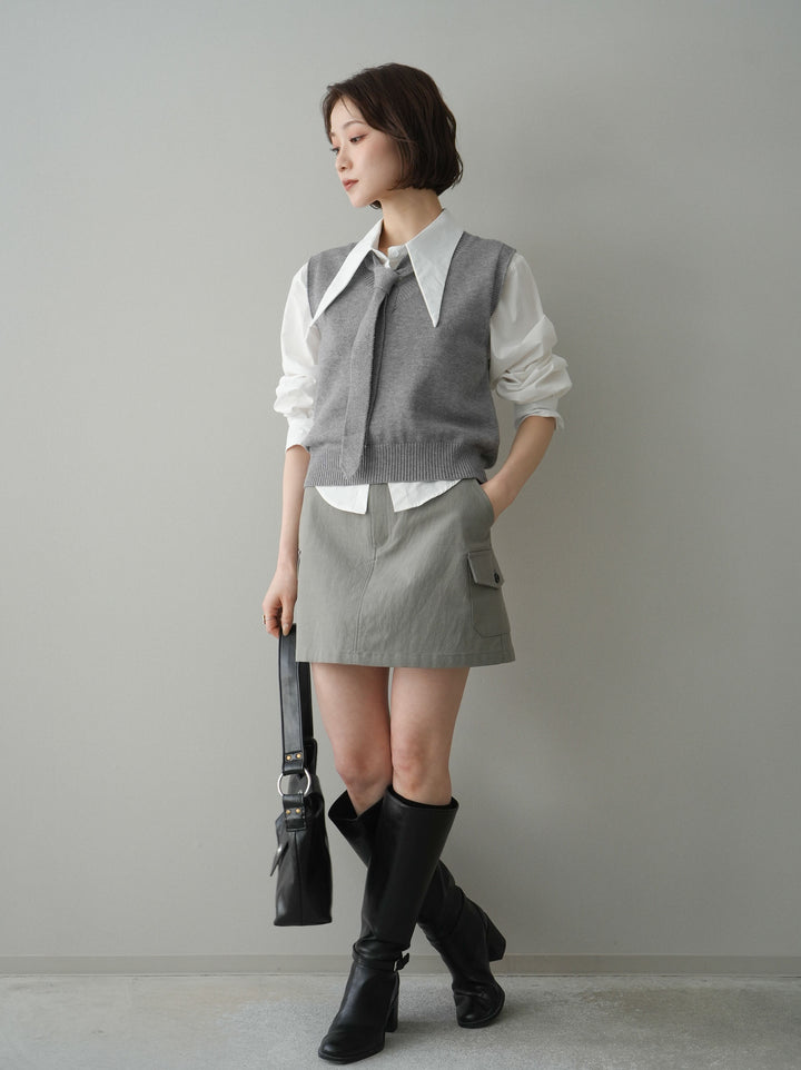 【套裝】蝴蝶結針織背心套裝襯衫+繫帶工裝迷你裙（兩件組）