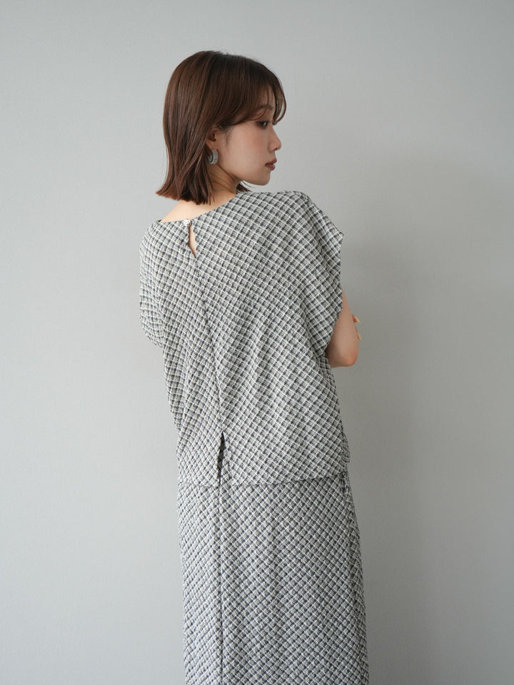 [予約]チェック柄タックデザインフレンチスリーブトップス/ブラック