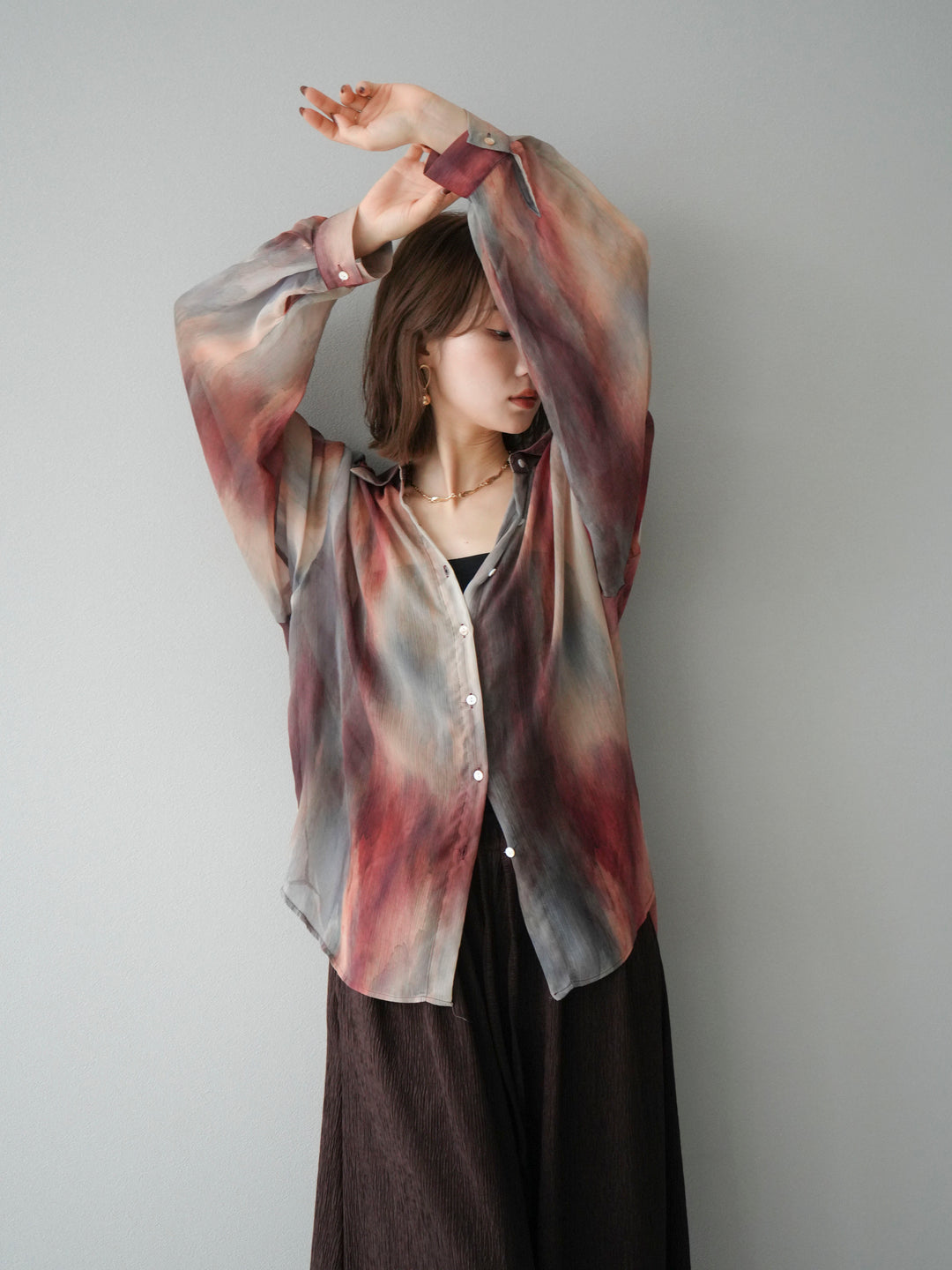 [予約]ニュアンス柄シアーシャツ/レッド