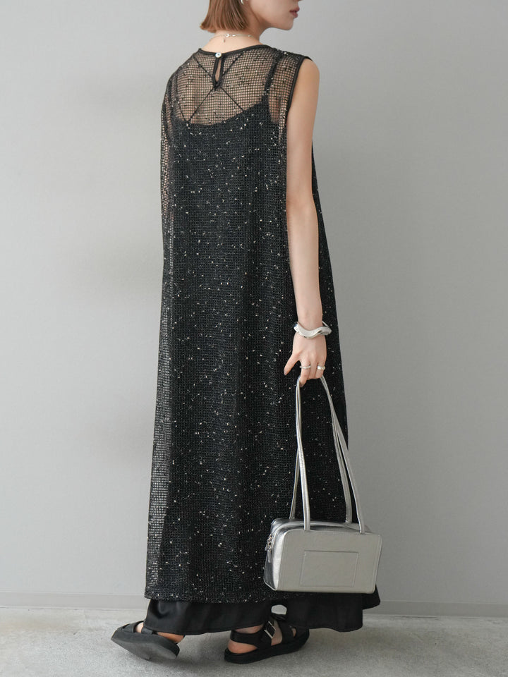 【預購】前開衩網紗連身裙/黑色