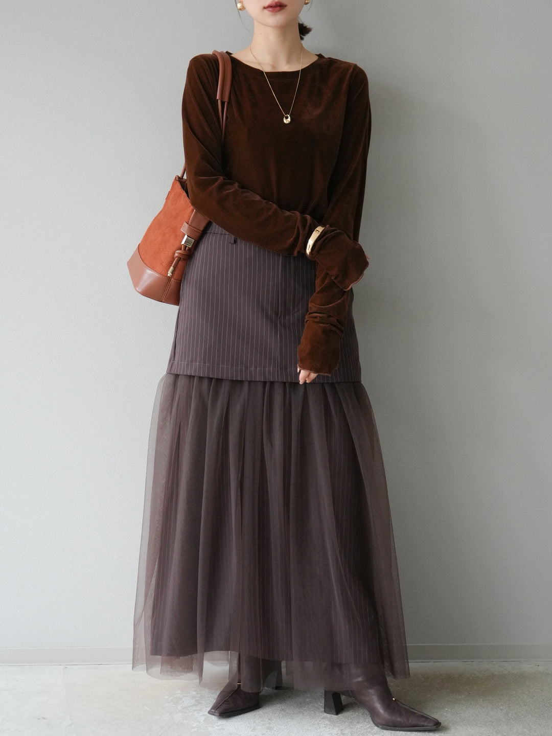 [予約]ストライプ切替チュールスカート/ブラウン