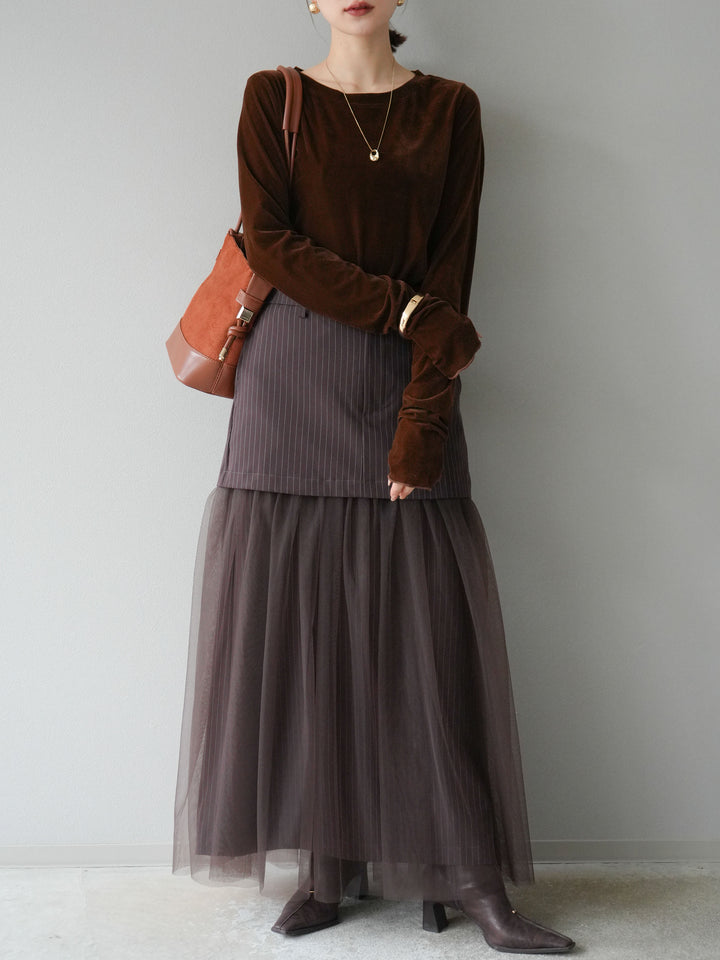 [予約]ストライプ切替チュールスカート/ブラウン