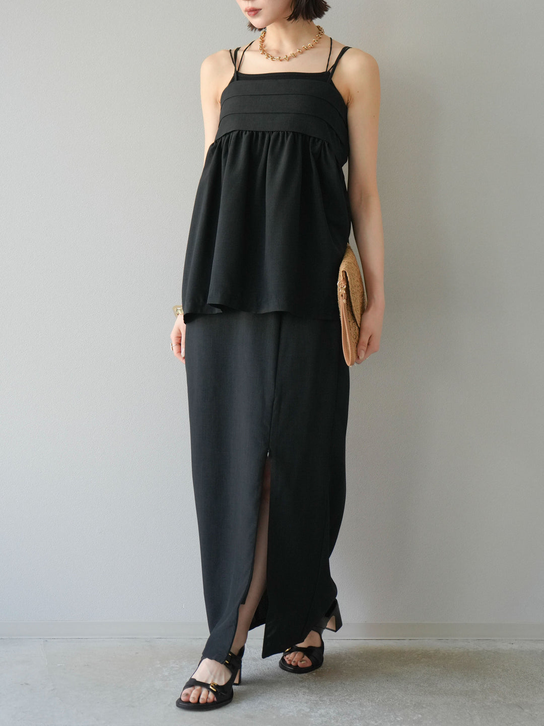 [予約]リネンライクZIPスリットタイトスカート/ブラック