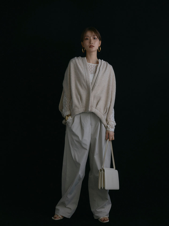 【Allure】[SET]ウール混コクーンブルゾン+タフタワイドカーブパンツ+バックラウンドレーストップス(3set)