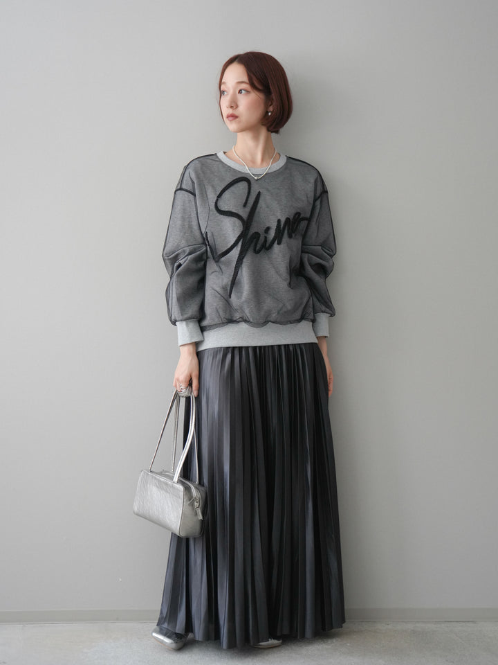 [SET]チュールレイヤードロゴスエットプルオーバー+サテンプリーツマキシスカート(2set)