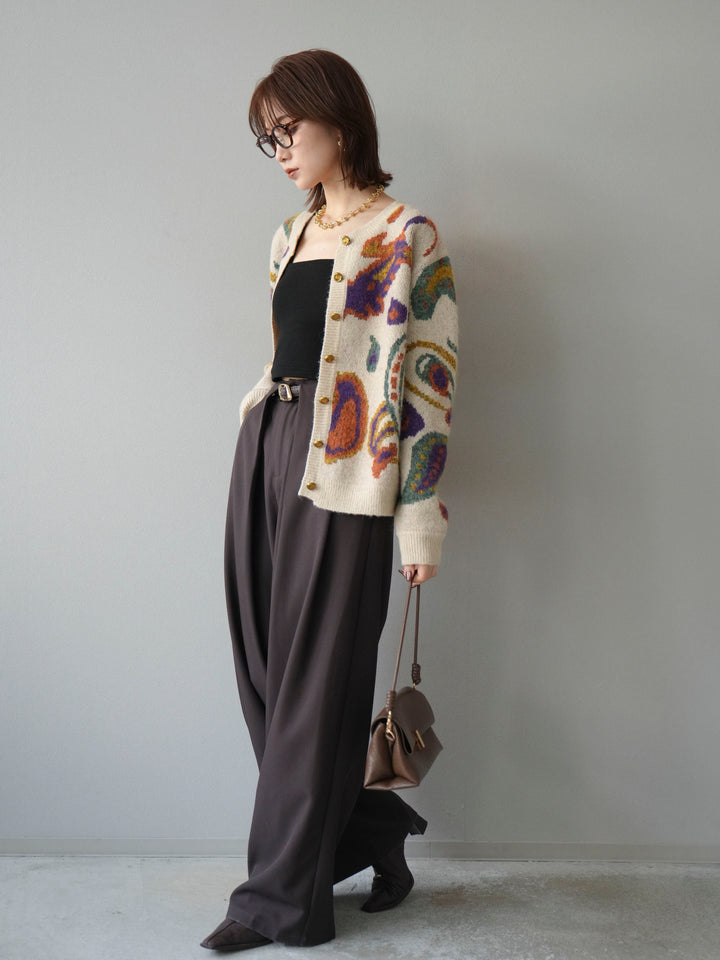[SET]ミックスヤーンペイズリー柄ニットカーディガン+ベルトループデザインワイドパンツ(2set)