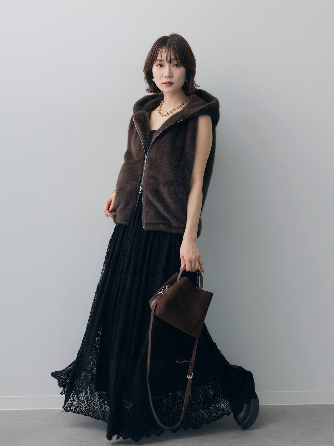 [予約]ファーフードベスト/brown