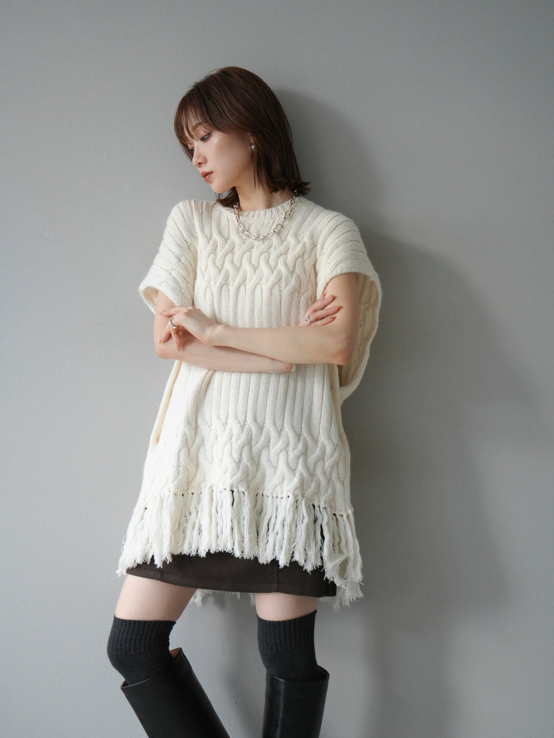 [予約]ケーブルニットフリンジベスト/ベージュ