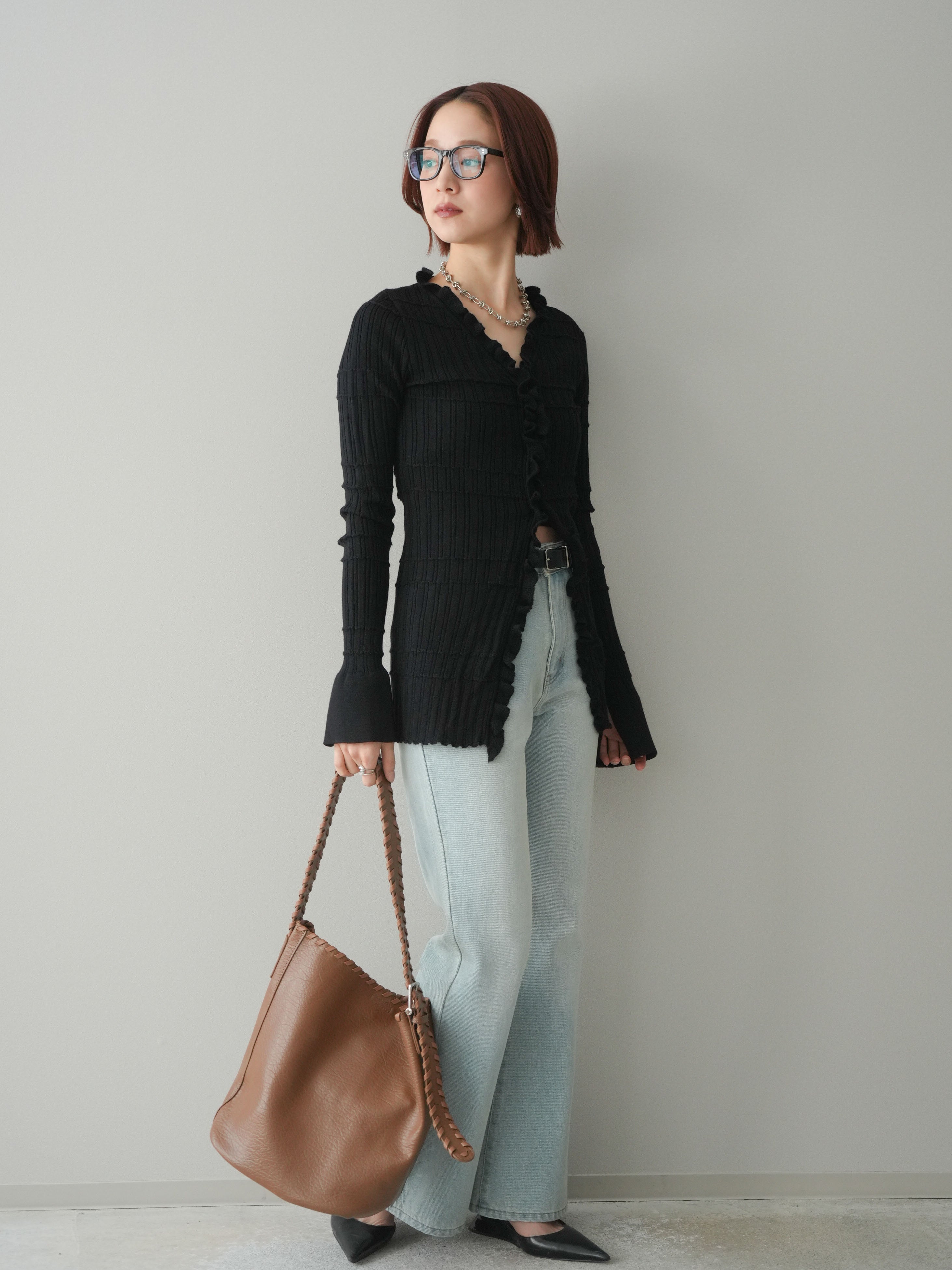 SET]フロントフリルリブニットカーディガン+フレアデニムパンツ(2set