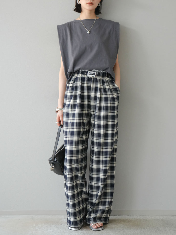 【預購】蕾絲層疊格紋寬褲/藏青色