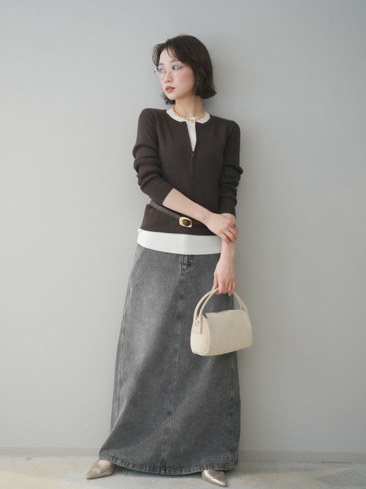 [予約]フロントジップ配色レイヤードニットトップス/choco