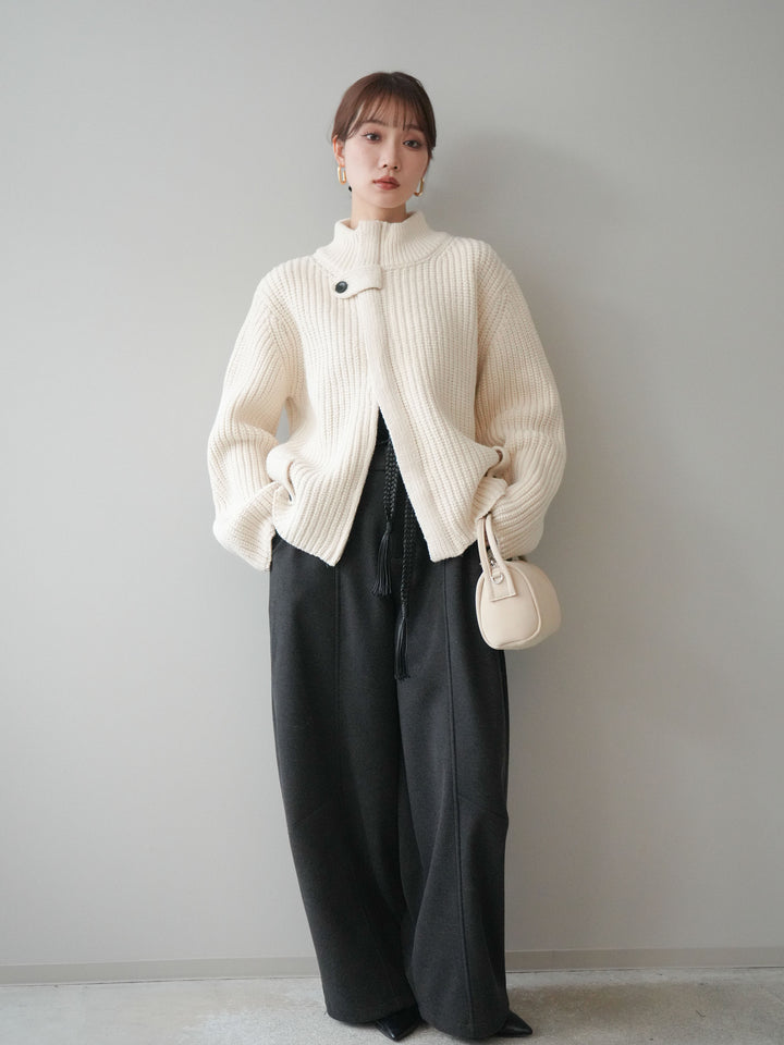 [SET]畦編みボトルネックZIPニットカーディガン+選べるアクセセット(2set)