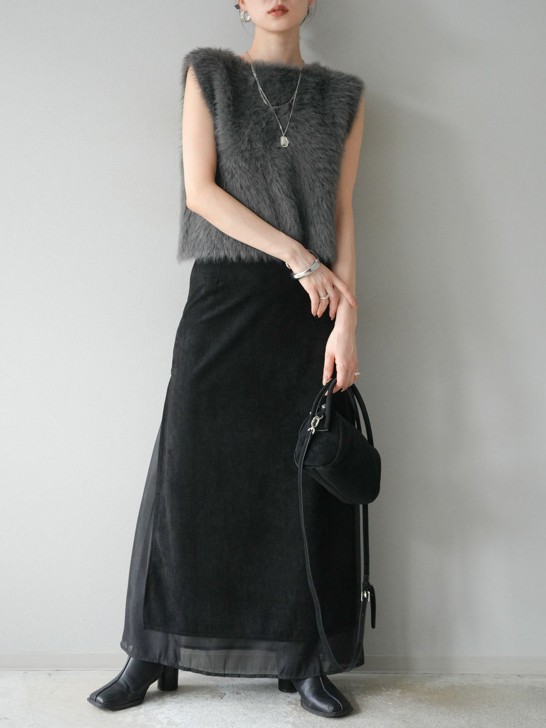 [予約]サイドスリットスウェードドッキングシフォンスカート/ブラック