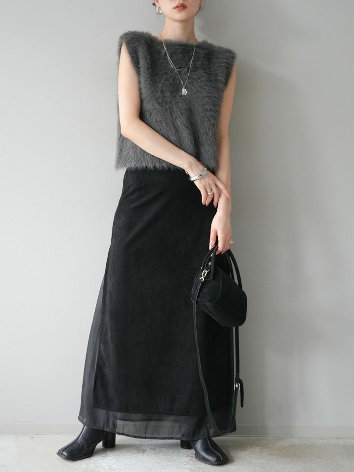 [予約]サイドスリットスウェードドッキングシフォンスカート/ブラック