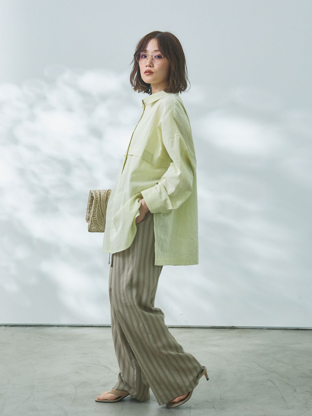 【Allure】[SET]スプリングスラブワイドシャツ+ストライプイージーパンツ(2set)