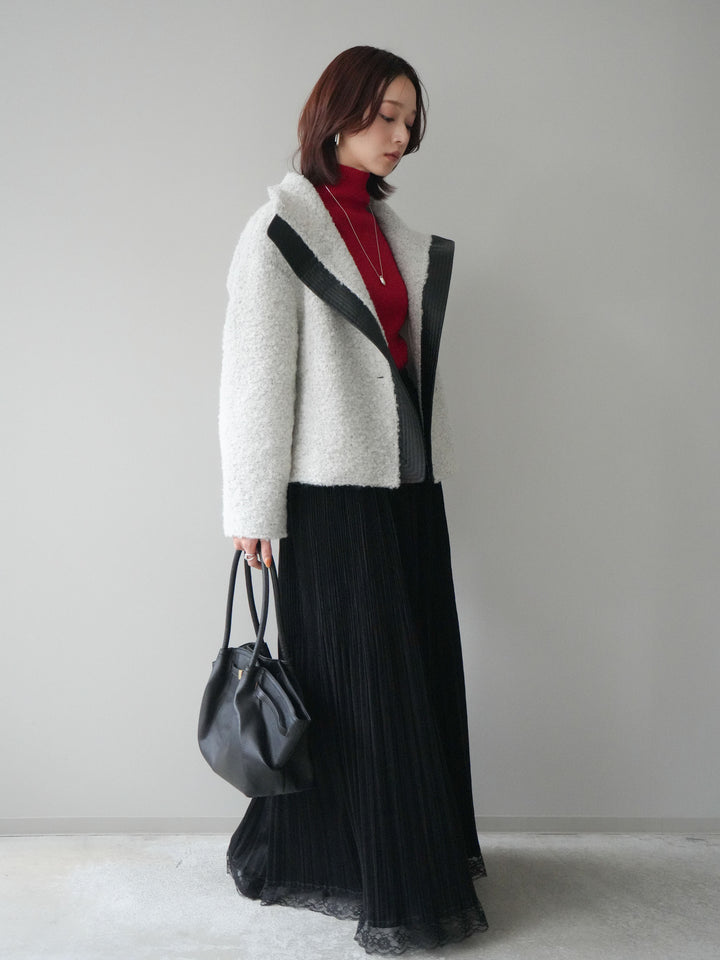[SET]レザー切替ブークレブルゾン+裾レーススウェードプリーツマキシスカート(2set)
