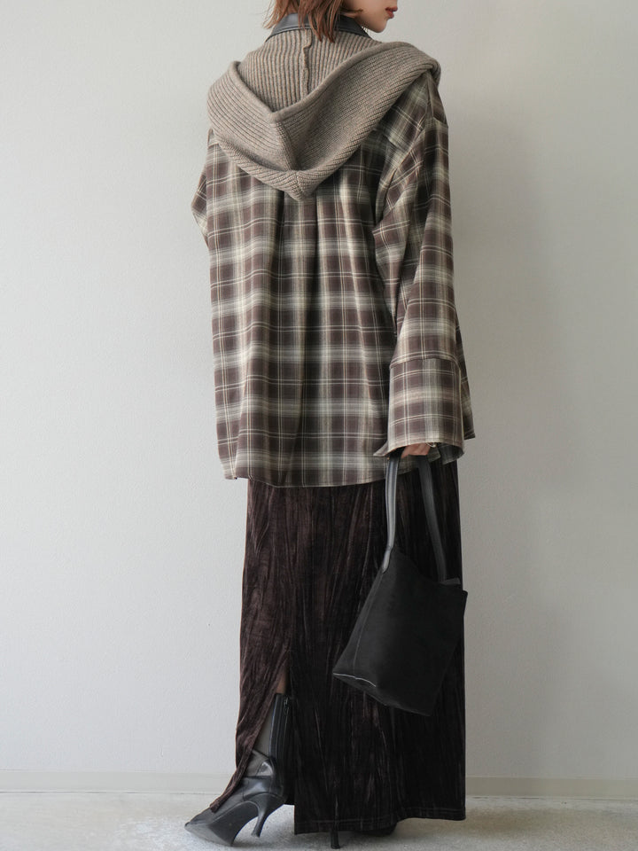 [SET]レザー襟オンブレチェックオーバーシャツ +クラッシュベロアナロースカート(2set)