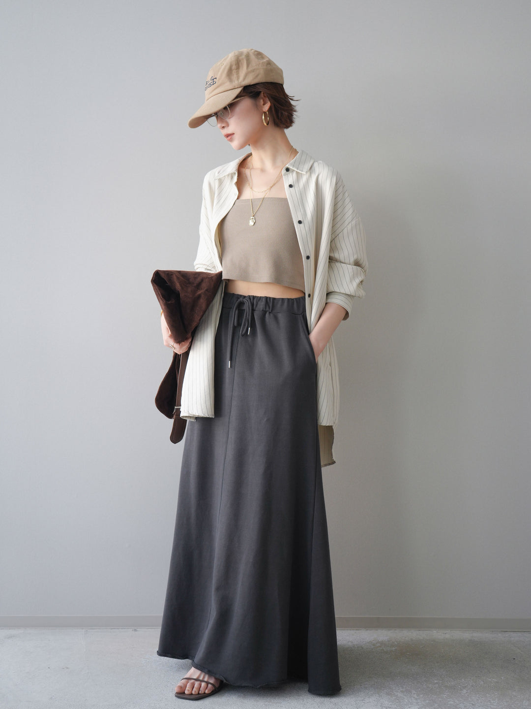 [SET]2WAYカシュクールストライプブラウス+スウェットフレアロングスカート(2set)