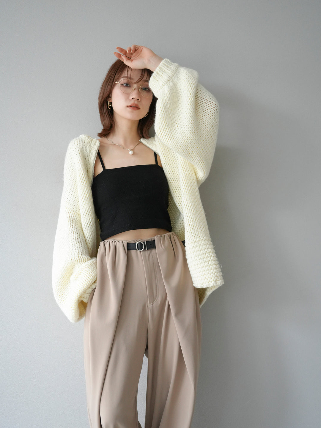 [予約]ロービングケーブルオーバーZIPニットカーディガン/アイボリー