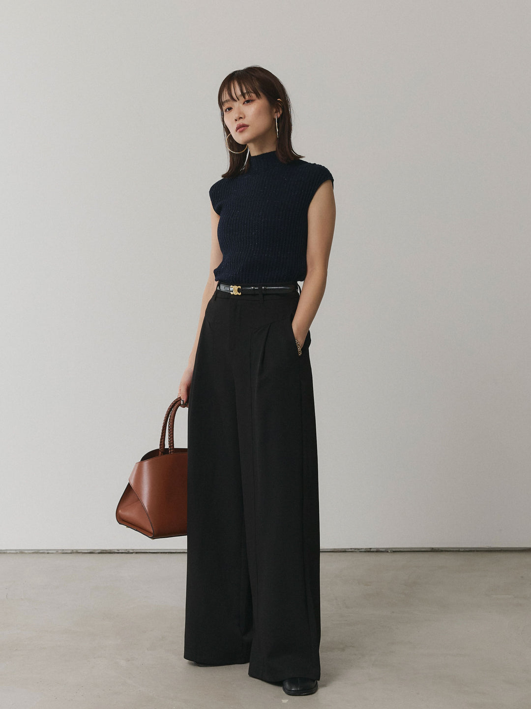 [予約]ミックスヤーンデザインリブフレンチスリーブニット/ネイビー