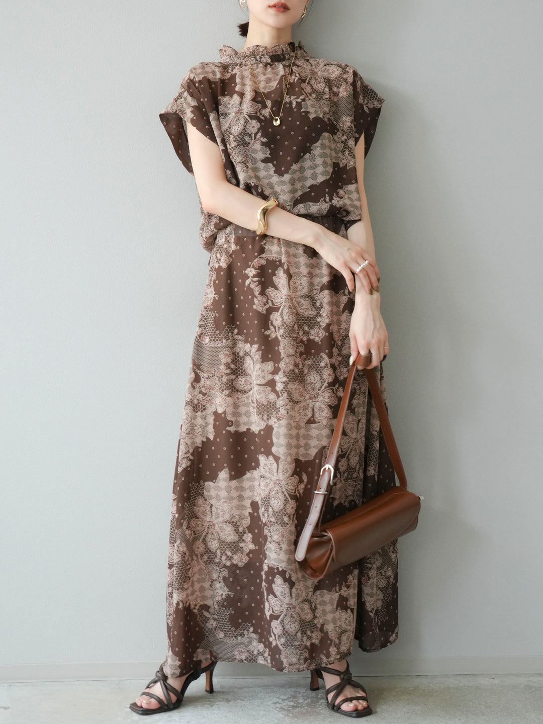 [予約]フラワーパターンフレアスカート/ブラウン